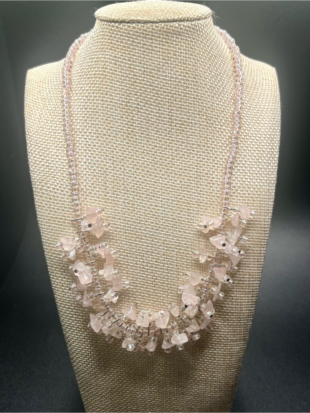Rose Quartz Chip Fringe Necklace Pink Beaded Statement Necklace